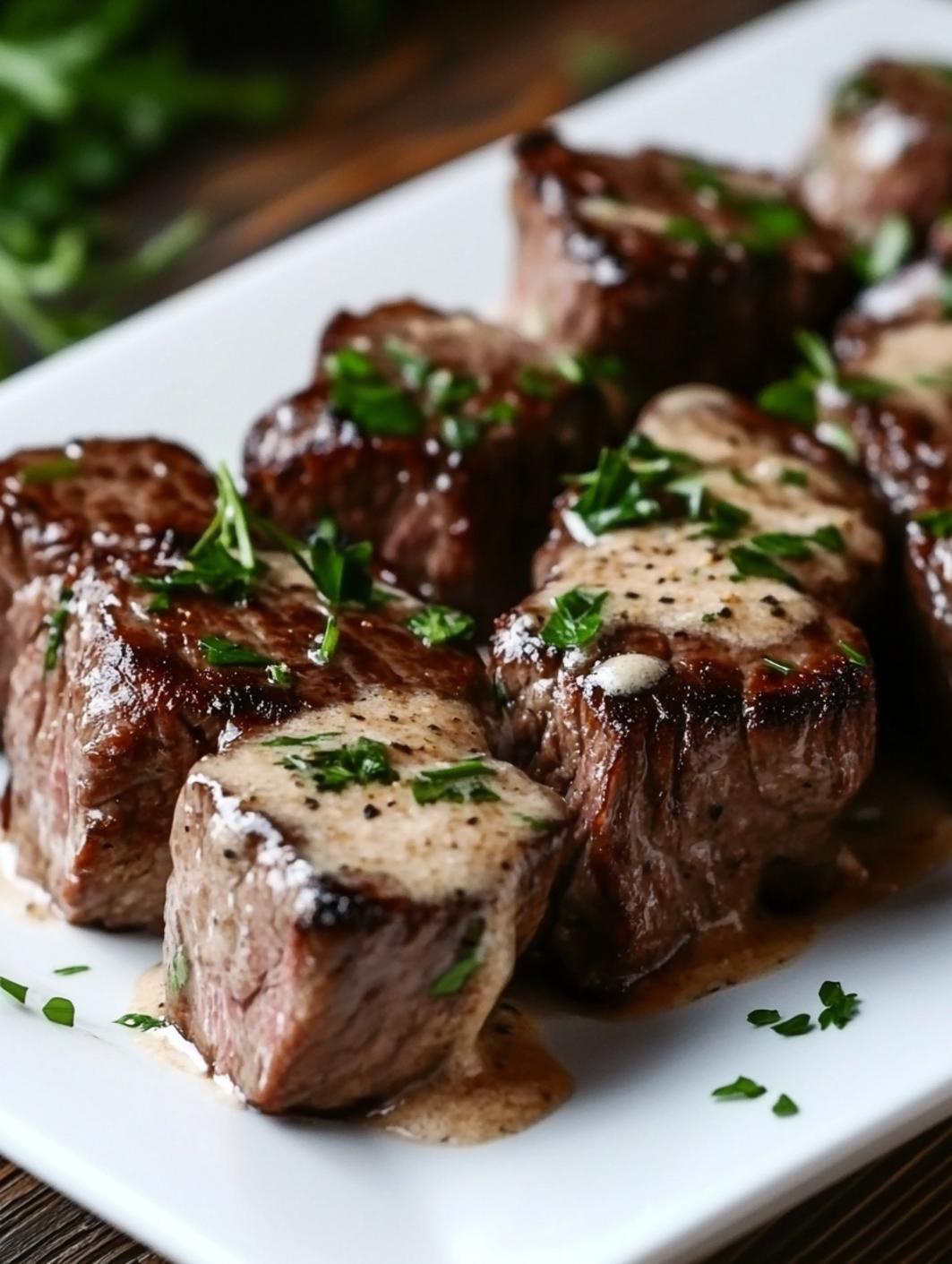 Tender Steak Bites in Garlic Butter with Creamy Parmesan Sauce