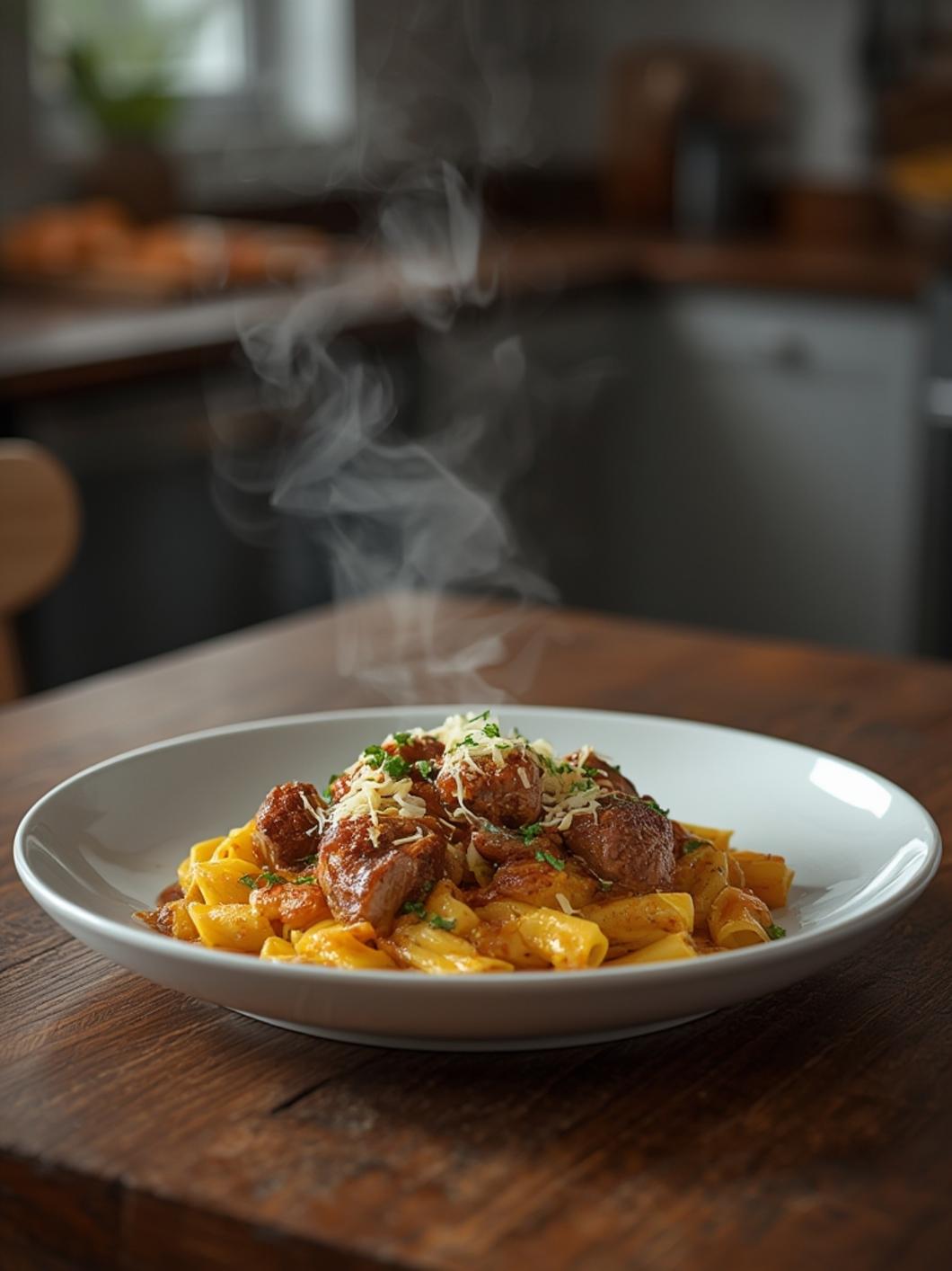 Cajun Steak Tips in Cheesy Rigatoni Parmesan Sauce