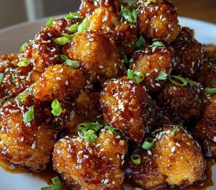 Sticky honey garlic cauliflower dish served in a bowl