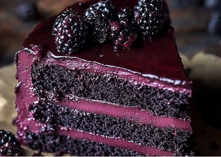 Blackberry Velvet Gothic Cake topped with fresh blackberries and creamy frosting