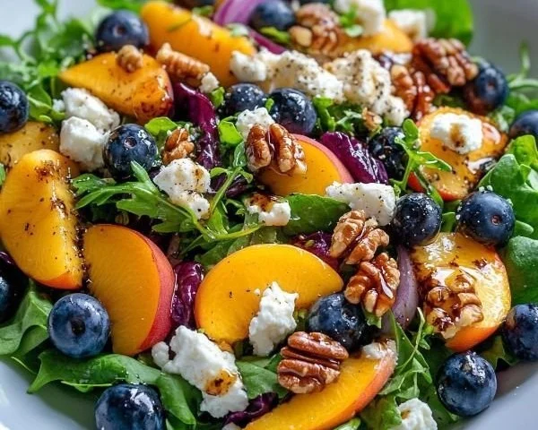 Blueberry Peach Feta Salad with fresh ingredients in a bowl