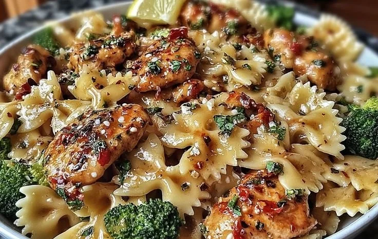 Cowboy butter lemon bowtie chicken served with broccoli on a plate