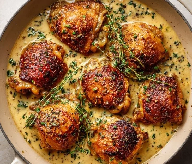 Creamy garlic chicken thighs served on a plate, styled for a gourmet look.