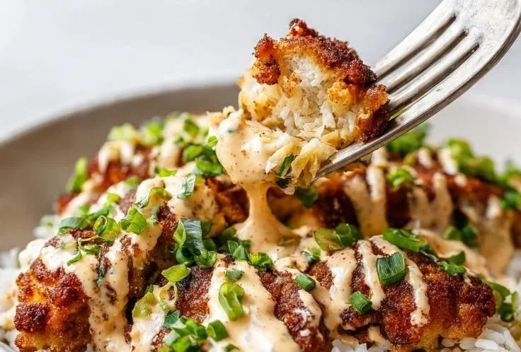 Crispy Cajun Chicken Rice Bowl garnished with fresh herbs and served with rice