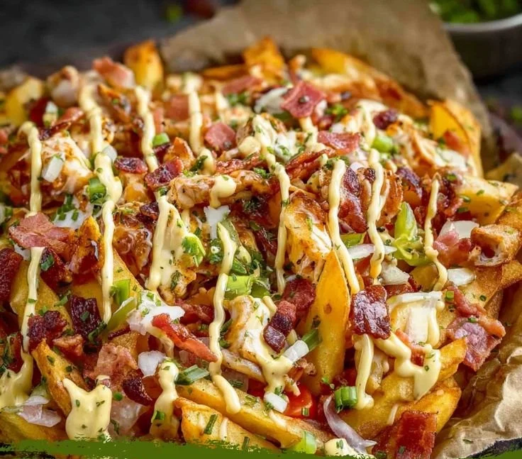 Delicious dirty chicken and bacon loaded fries topped with cheese and sauces.