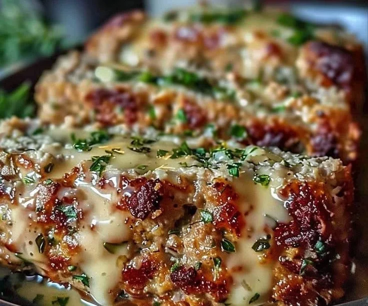 Garlic Parmesan Chicken Meatloaf with herbs and cheese topped with garlic sauce