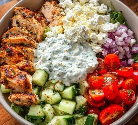 Delicious Greek Chicken Bowls with marinated chicken and fresh vegetables