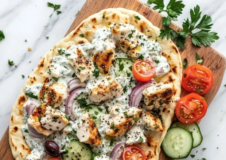 Delicious Greek Chicken Flatbread topped with fresh ingredients and herbs.