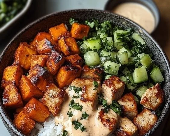 Fresh grilled chicken salad with vegetables and dressing on a plate