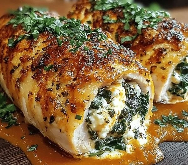 Herbed Ricotta Stuffed Chicken Rolls on a plate, garnished with herbs.