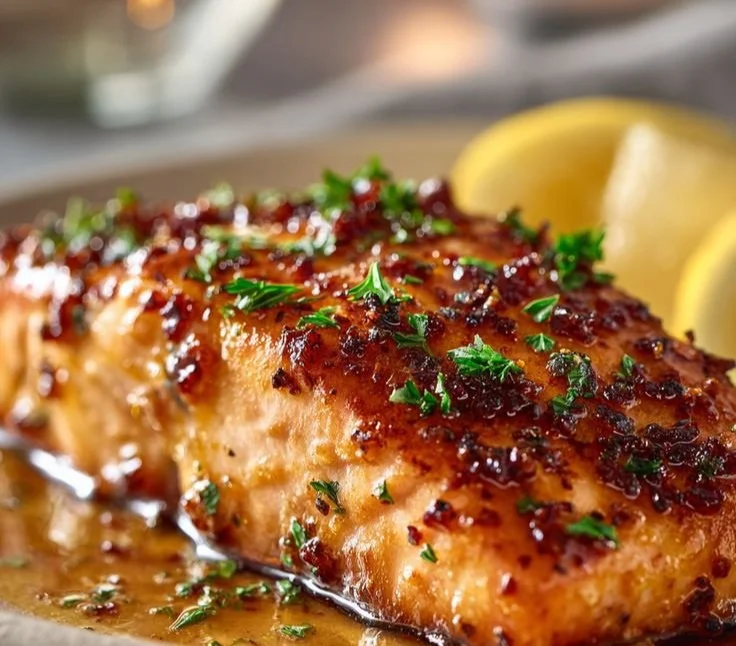 Honey garlic glazed salmon fillet garnished with herbs