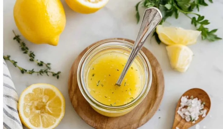 Homemade lemon vinaigrette dressing in a jar with fresh lemons.