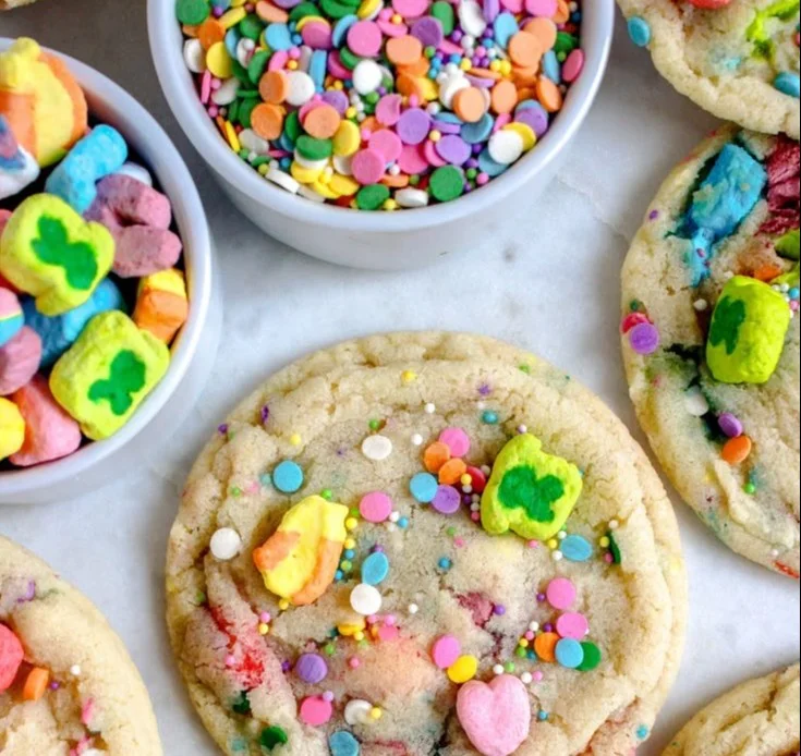 Colorful Lucky Charms sugar cookies with marshmallows and sprinkles