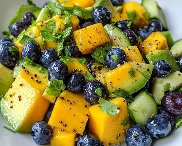 Mango Cucumber Salad topped with blueberries and avocado in a vibrant bowl