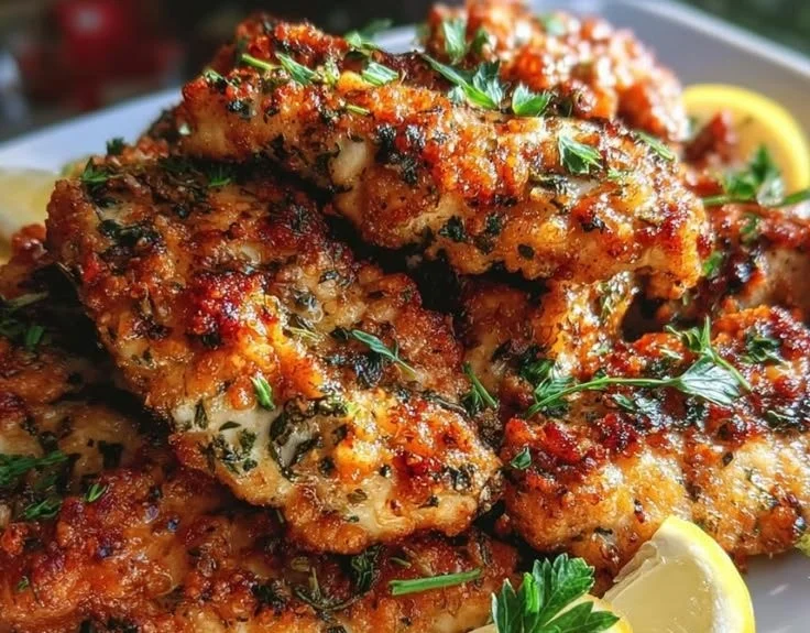 Oven-baked Mediterranean Chicken Tenders served with fresh herbs and lemon