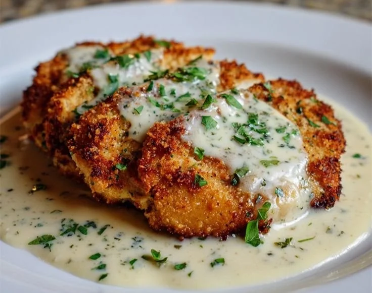 Parmesan crusted chicken topped with creamy garlic sauce on a plate