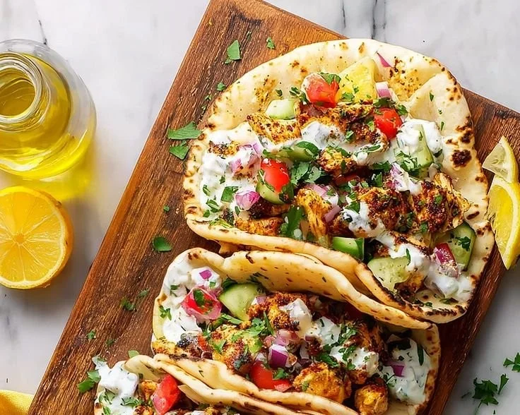 Quick Mediterranean Chicken Tacos ready to enjoy, topped with fresh vegetables and herbs.