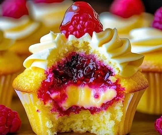 Raspberry Lemon Cupcakes topped with fresh raspberries and lemon icing