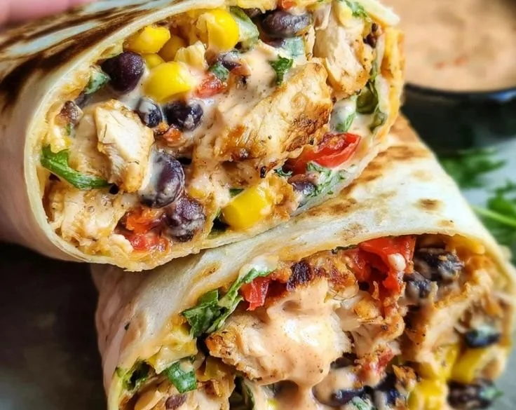 Healthy Southwest Chicken Wraps with fresh vegetables and grilled chicken