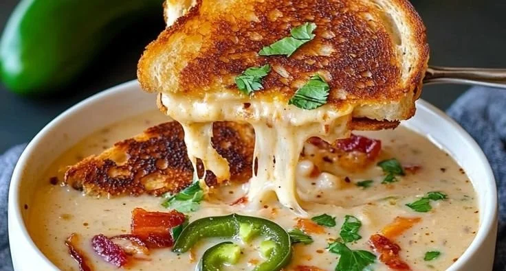 Bowl of spicy jalapeño popper soup with grilled cheese dippers on the side