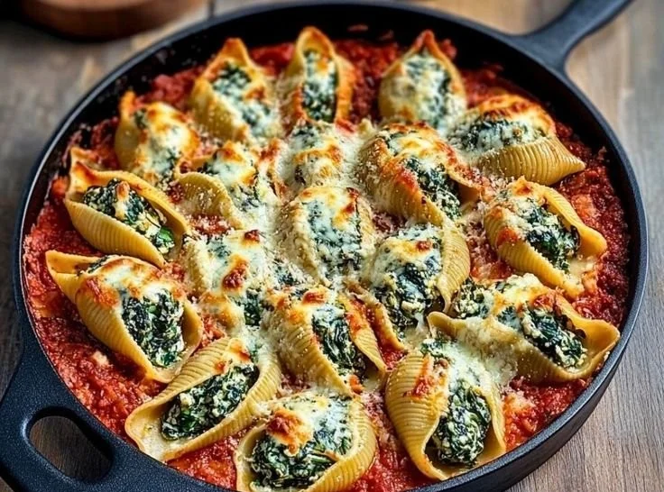 Baked spinach and ricotta stuffed shells with marinara sauce, topped with cheese