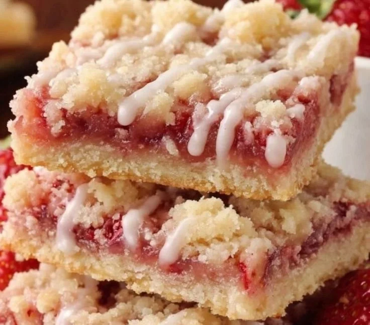 Delicious homemade Strawberry Shortcake Bars served on a plate with fresh strawberries.