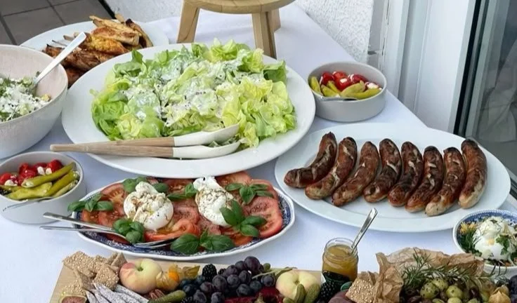 Aesthetic brunch food set for a summer party table setting.