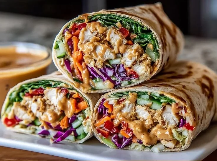 Thai Peanut Chicken Wraps with fresh vegetables and creamy peanut sauce